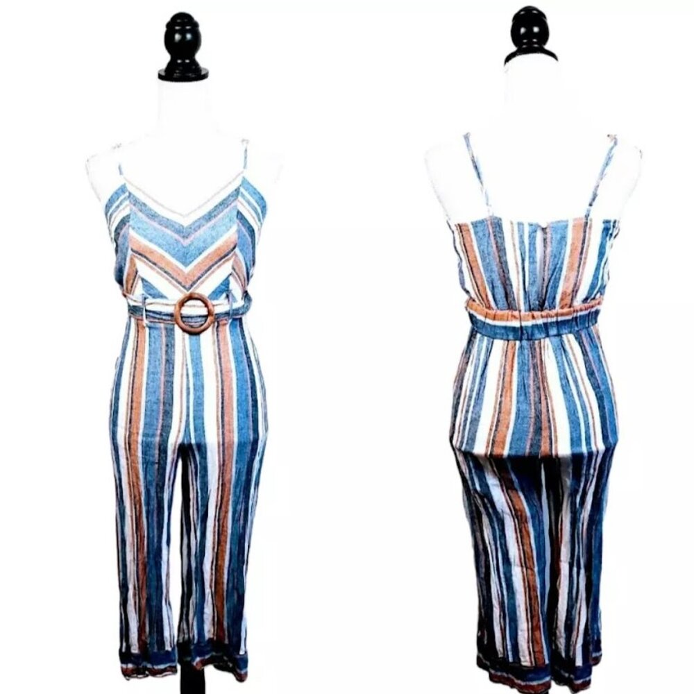 MONTEAU Jumpsuit, Blue Tan White Striped Linen Sleeveless Belted Boho Casual, S